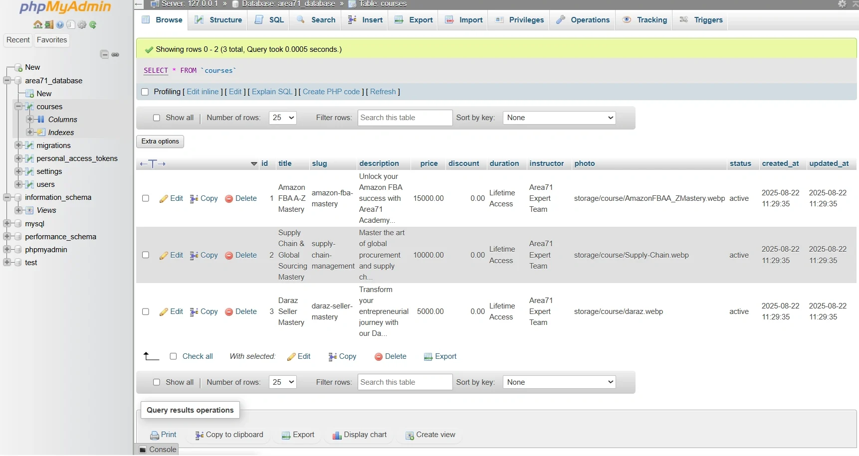Course database table